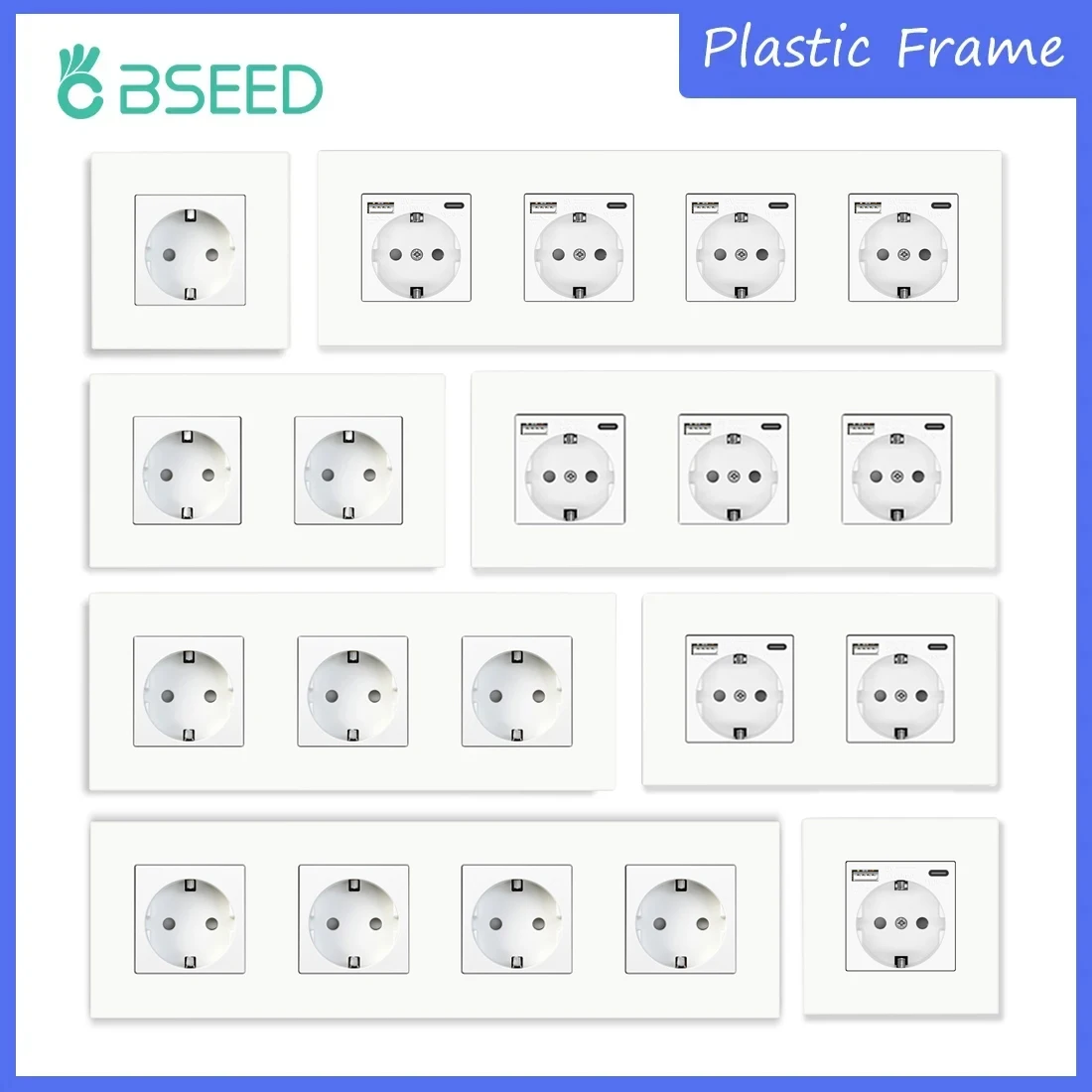 BSEED EU ซ็อกเก็ตผนัง Type-C USB Power Sockets คู่ซ็อกเก็ตไฟฟ้า Triple Outlets กรอบพลาสติกเยอรมนีซ็อกเก็ต Dual USB 1