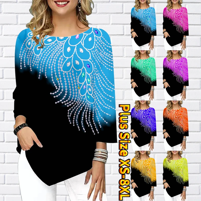 

2022 New Summer Splice Printed Top Irregular Hem Three Quarter Sleeve Fashionable Round Neck Pullover Temperament Pullover Tee