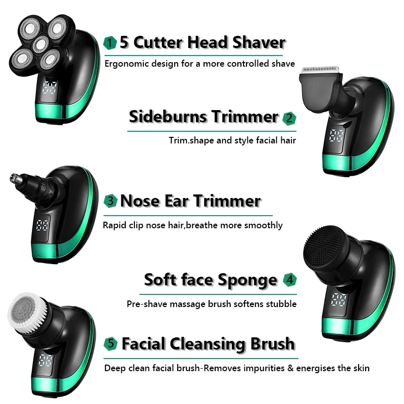 5 In 1 4D Men's Rechargeable Bald Head Electric Shaver