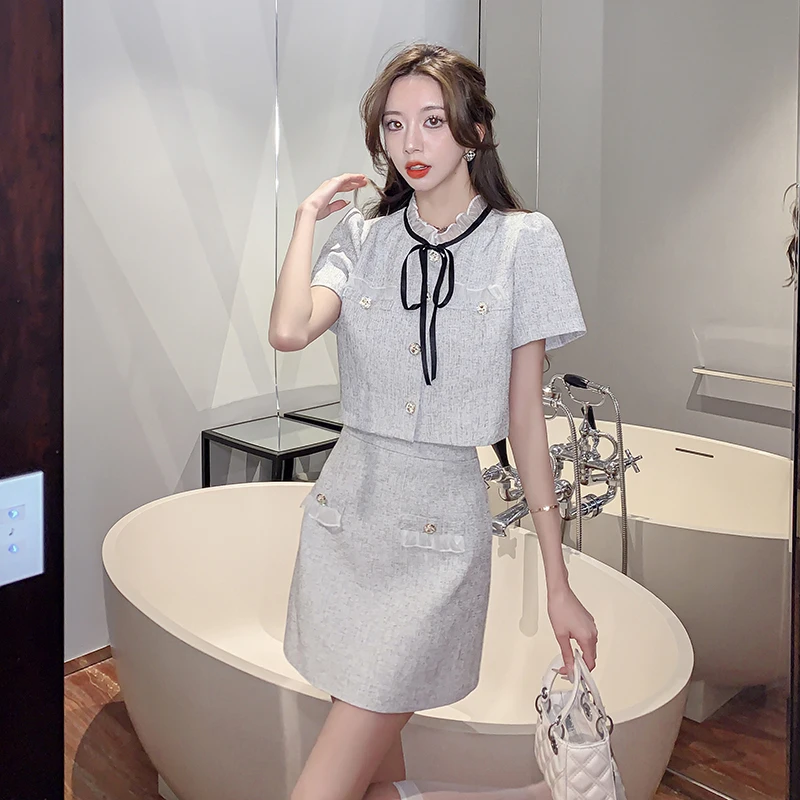 

Женский винтажный комплект из двух предметов, короткий топ с оборками и бантом и мини-юбка, летний комплект из двух предметов