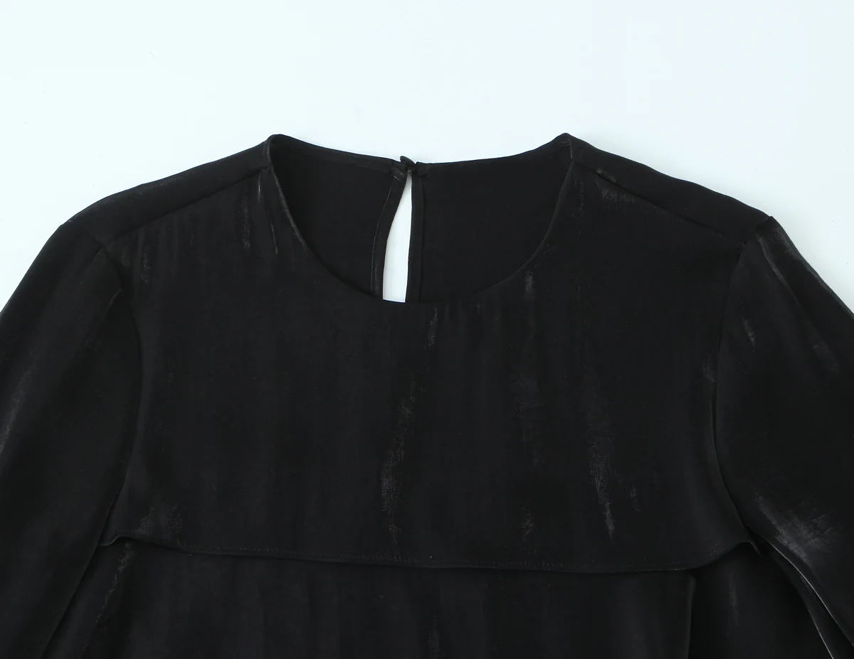 Women French Style Elegant Blouse Fashion Simple Loose O-Neck Long Sleeve Shirt Lady Glossy Fabric Layered Decoration Blouse