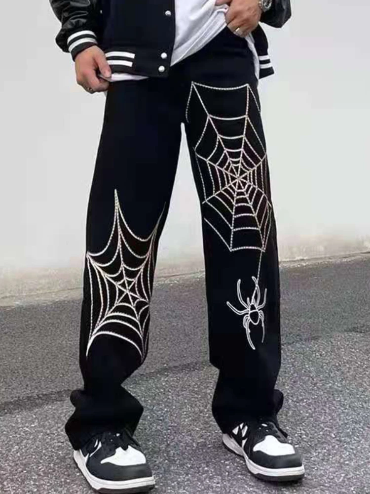 

Summer Spider Web Embroidery Straight Casual Jeans Pants Men Women Vibe Style Ripped Loose Denim Trousers 2023 New Streetwear