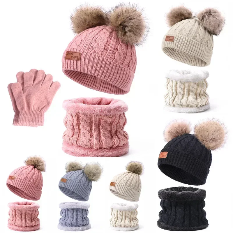 

Warm Winter Baby Hats Scarf Gloves Set Kids Wool Pompom Baby Hat Children Bonnet Cap Boy Girl Knitted Scarves Gloves Beanie Caps