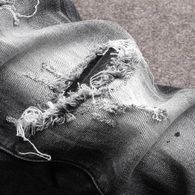 Streetwear Fashion Men Jeans Retro Black Gray Stretch Slim Fit Hole Ripped Jeans Men Patched Designer Hip Hop Brand Pants Hombre