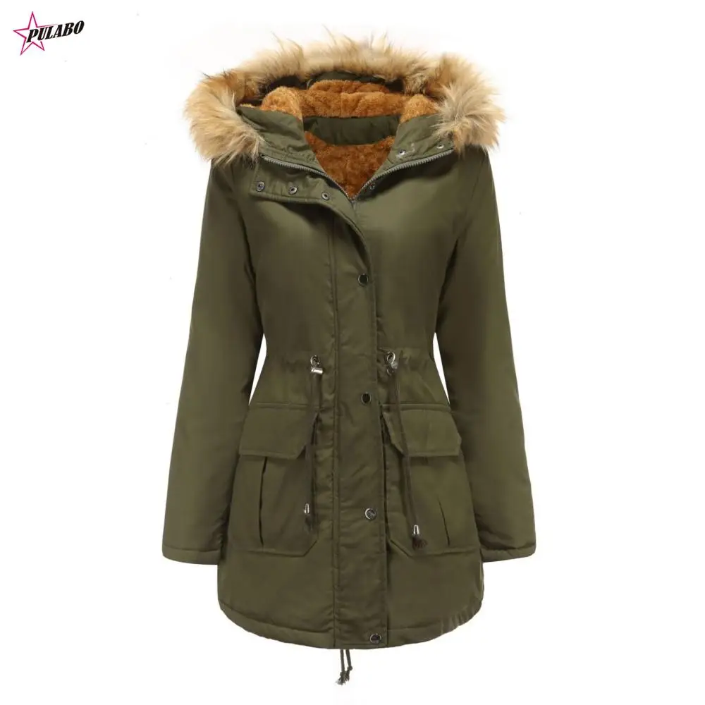 

PULABO European Velvet Cotton Coat with Hood and Faux Fur Collar Winter Warm Outerwear Plus Size Women's Cotton-Padded Jacket