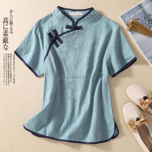chinese ancient tang dynasty style cotton linen top improved daily retro cheongsam top stand collar diagonal buckle blouse