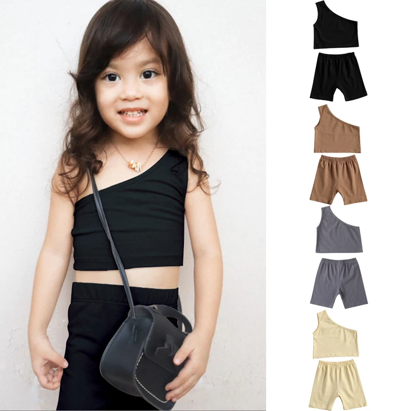 2022 Novelty Little Girls Kids 2 Pieces Set Baby Clothing One Shoulder