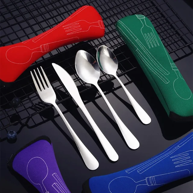 3pcs/set Dinnerware Portable Printed Stainless Steel Spoon Fork Steak Knife  Set Travel Cutlery Table