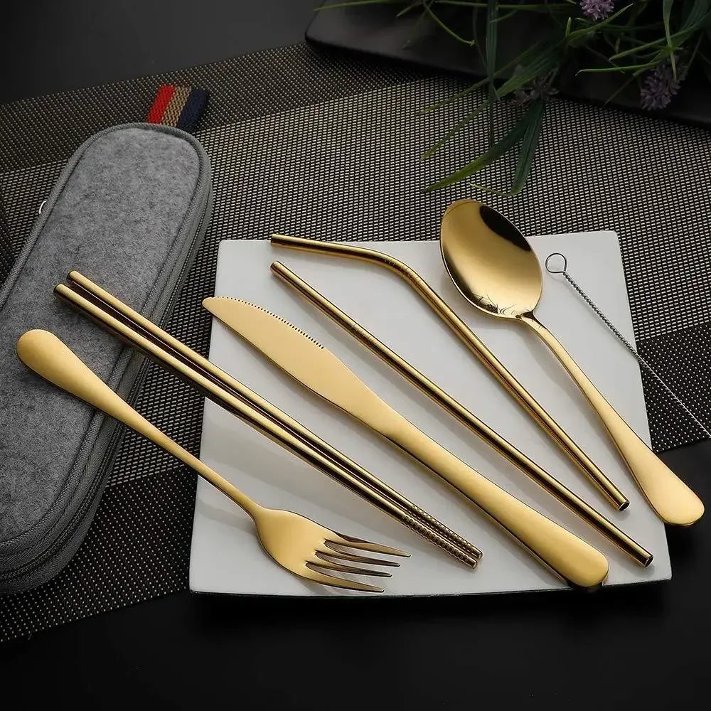 Tableware Set 8Pcs/set Tableware Reusable Travel Cutlery Set Camp Utensils Set Stainless Steel Spoon Fork Chopsticks Straw Portable Case