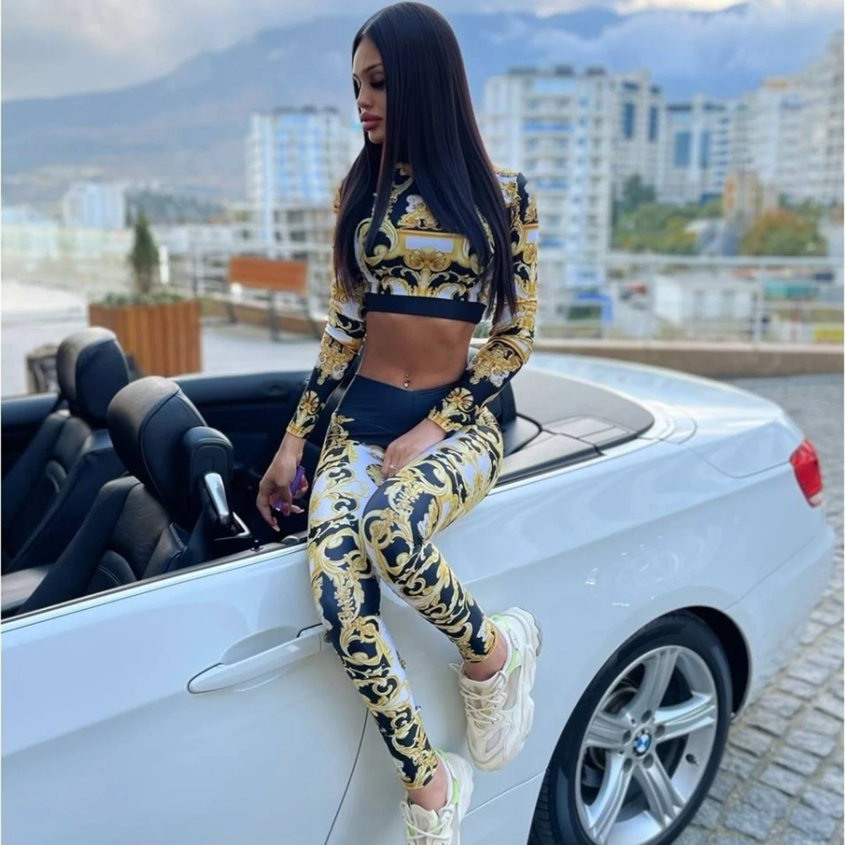Modigirl Summer Stylish Printed Sports Suit For Women Long Sleeves Top High Waist Tight Fitting Sweatpants Fitness Set 2024 New