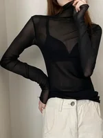 Sexy Women T Shirt See Through Transparent Mesh Tops Long Sleeve Sheer Slim Ladies Solid Turtleneck Silk T-Shirt Lace Crop Top - Image 3