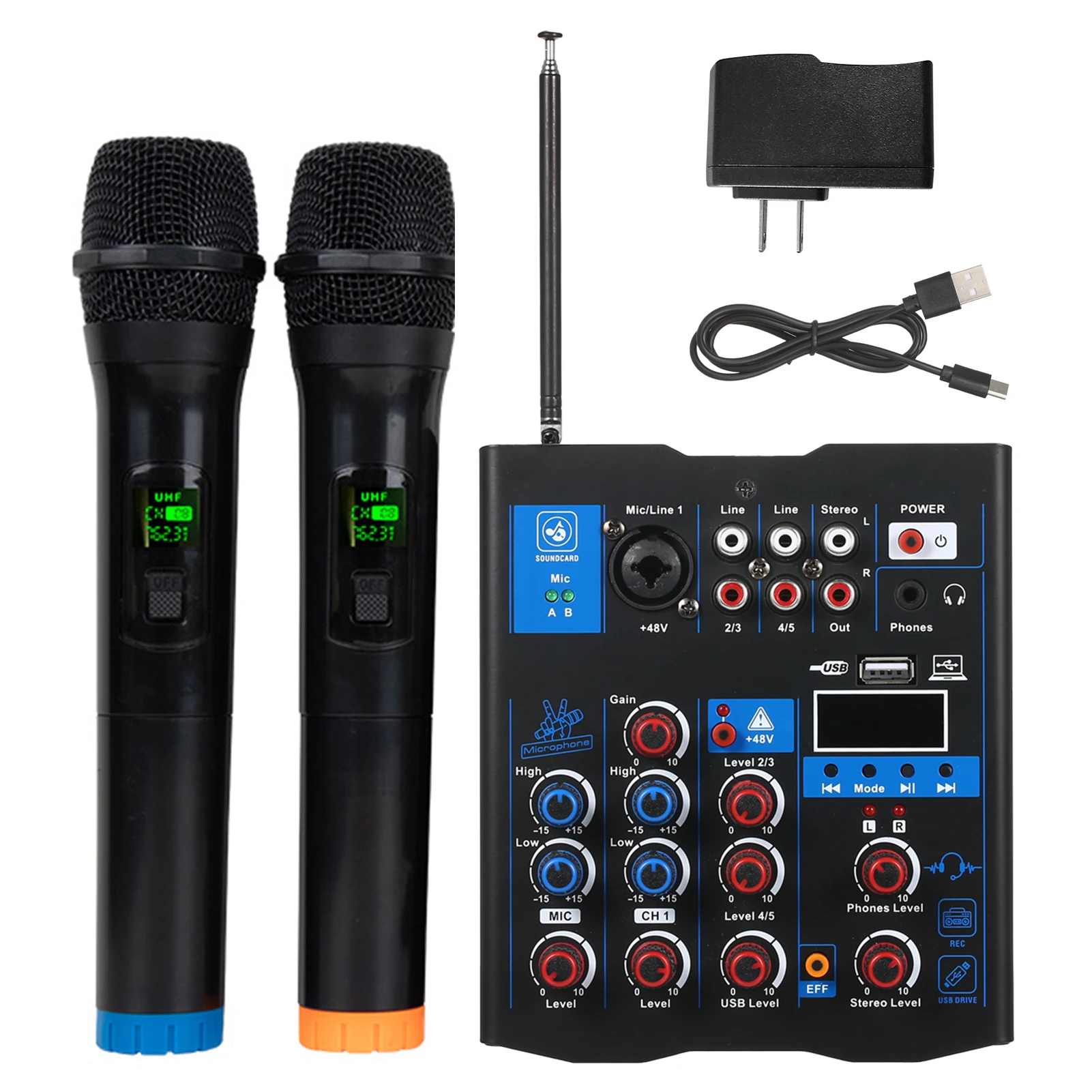 ProfessionalAudioMixerWithDualWirelessMicrophoneSoundBoard