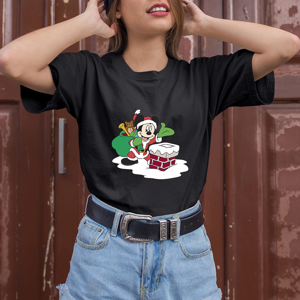Funny Santa Claus Mickey Mouse Print T Shirts Women Disney Merry Christmas 2022 Fashion Clothes Street Casual Xmas Vibes T-shirt