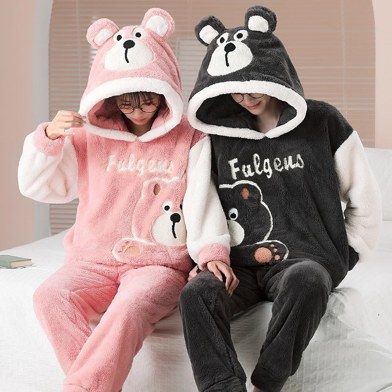 

Couples Pajamas Suit Women Men Winter Thick Cartoon Bear Pijamas Sets Sleepwear Soft Warm Korean Hooded Pyjama Femme Lovers