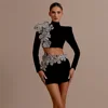 2024 New Autumn Women Bandage Sets Sexy Beading Long Sleeve Tops Mini Skirt Club Party Outwear Two Pieces Sets 1