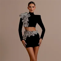 2024 New Autumn Women Bandage Sets Sexy Beading Long Sleeve Tops Mini Skirt Club Party Outwear Two Pieces Sets 1