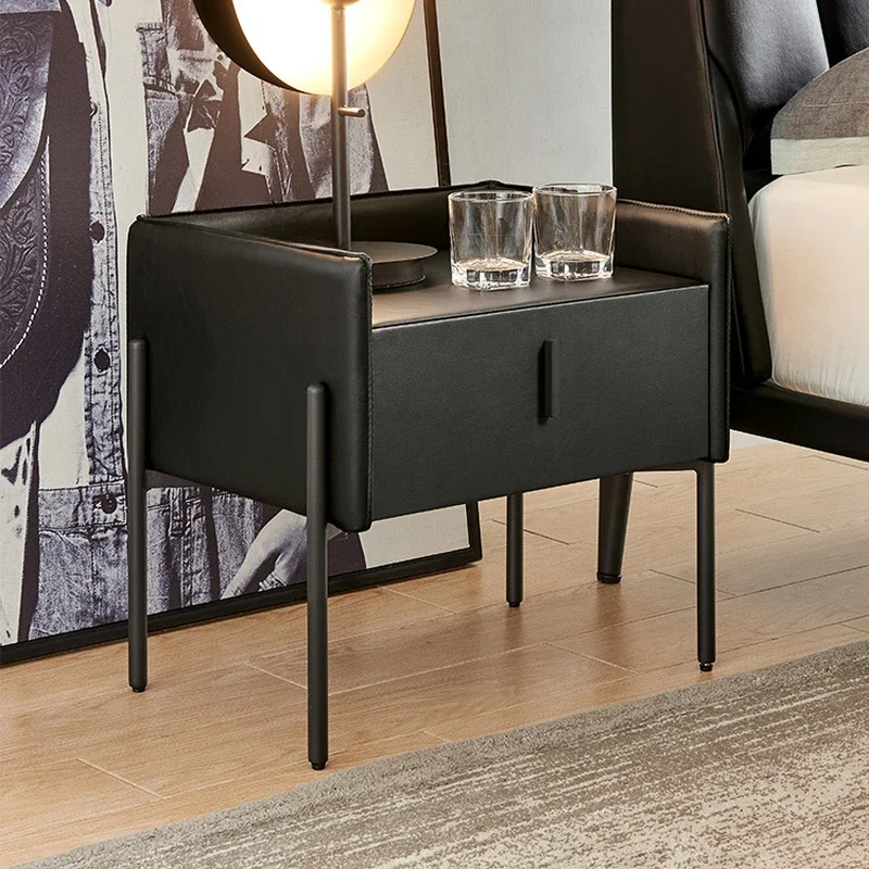 

Nordic Solid Wood Bedside Table Designer Bedroom Black Leather Bedside Cabinet Modern Living Room Mobilador Household Items