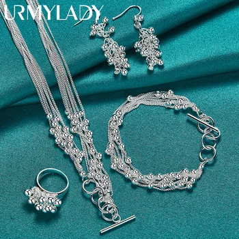 URMYLADY 925 Sterling Silver Grape Bead Necklace Bracelet Earring Ring Jewelry For Women Wedding Party Fashion Sets Gift 1