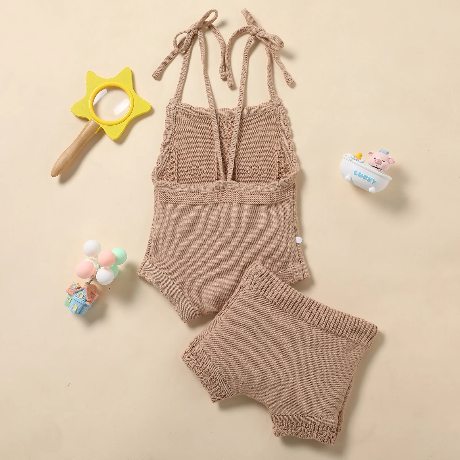 Infant Kids Baby Girl Boy Shorts Suits Solid Color Sling Knit Romper Drawstring Shorts Birthday Sets kids clothes set two piece set baby girl clothing set shorts suit