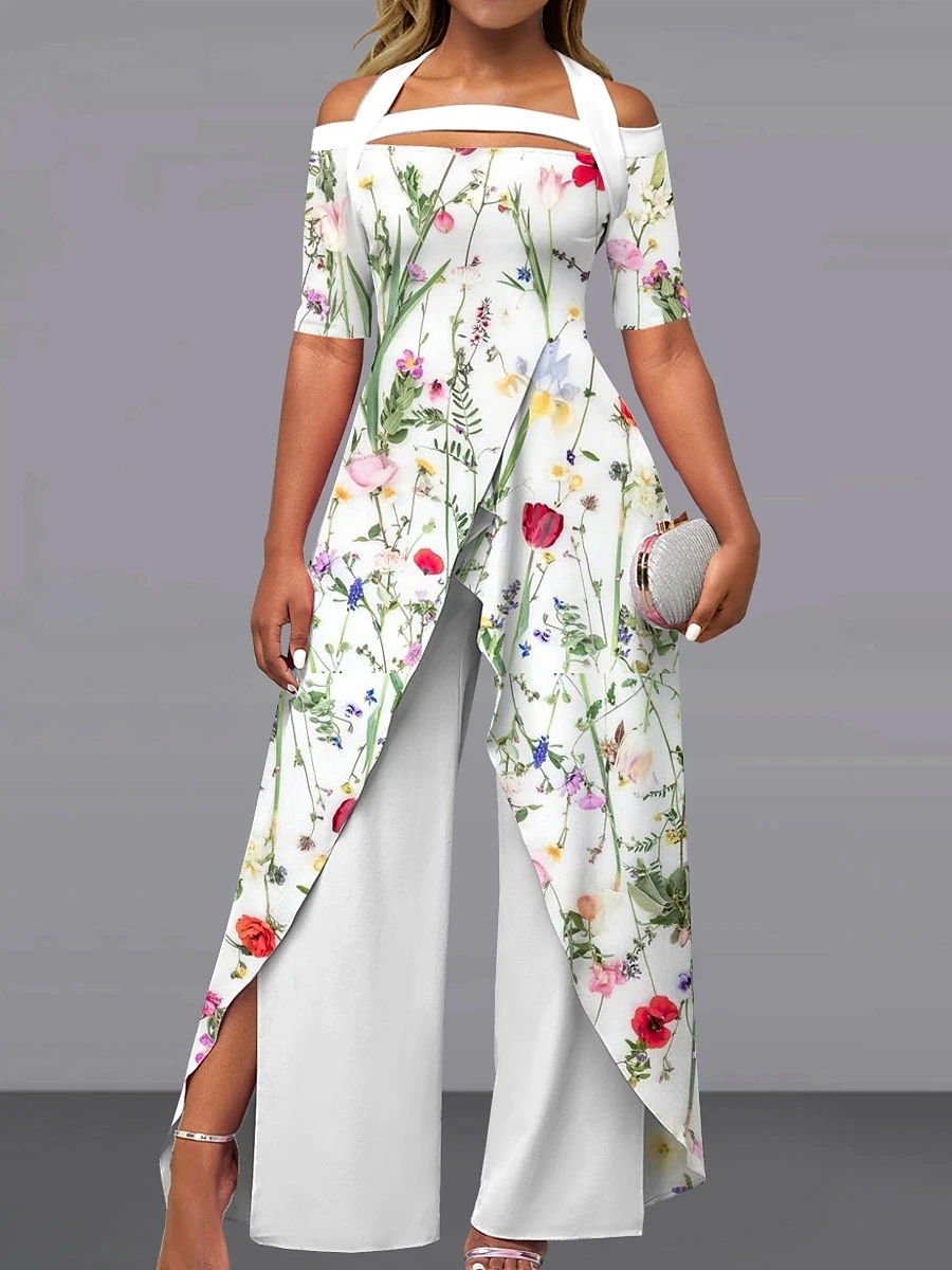 Female Elegant Wide Leg Party Fashion Office Lady Jumpsuit Casual Short Sleeve Print Romper Bodysuitposter girl Jumpsuits