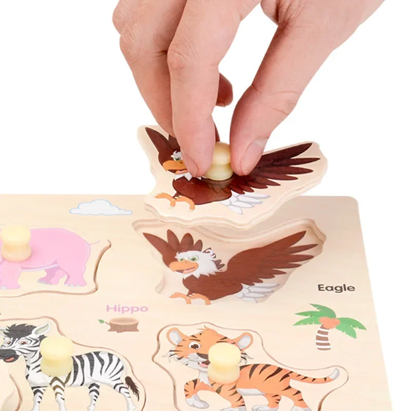 Kids Montessori Educational Toys for Children Hand Grasp Board Wooden Jigsaw Puzzle Animal Cognitive Puzzles Games 3