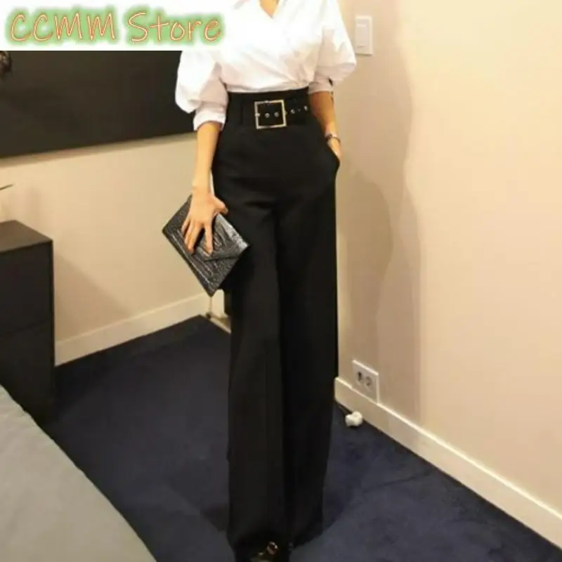 New Office Belt High Waist Loose Wide Leg Pants Professional Ol Suit Pants Formal Trousers- pants women