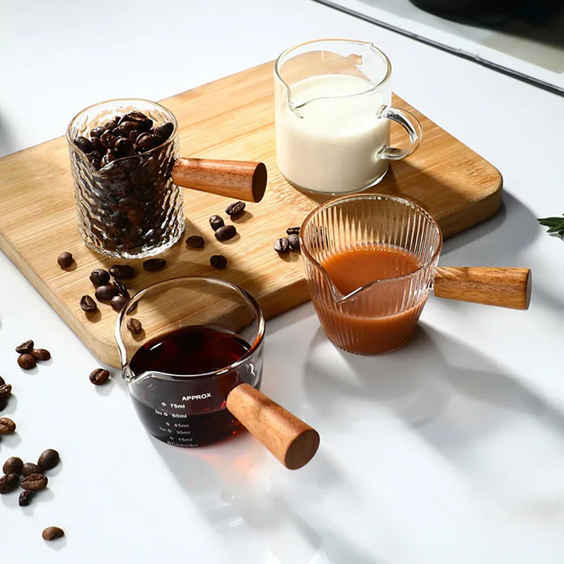 

100ml Simple Glass Striped Small Milk Cup Vertical Pattern Coffee Measuring Cup Hammer Pattern Solid Wood Handle Coffee Cup