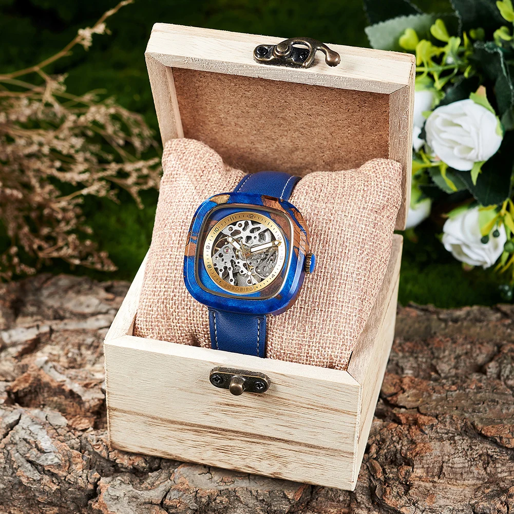 BOBO BIRD Men's Watches Mechanical Watch Wood&Resin Leather Straps Wristwatches Gift With Wooden Box For Men Custom