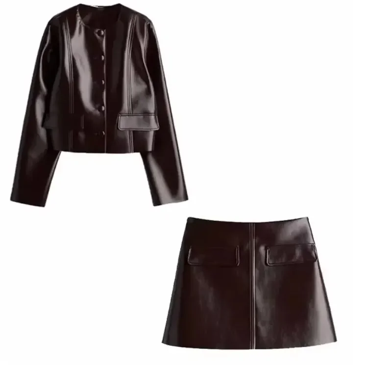thumbnail image 1 of Conjunto de falda de piel sintética burdeos ajustado a la moda, camisa con botones a presión y falda por debajo de la rodilla, conjunto a juego, traje de dos piezas de calle, 1 of 5