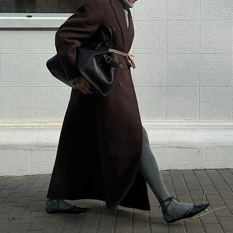 Elegant Lapel Pocket Woolen Long Trench Coat Women Fashion Full Sleeve Loose Overcoat Autumn Winter Lady Commute Outwear