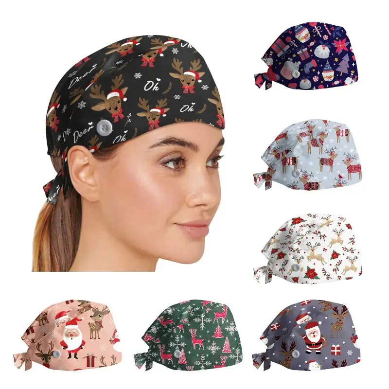 

Christmas Printed Surgical Cap Beauty Agency Cartoon Nurse's Hat Adjustable Doctor Cap Dust-proof Sweat-absorbent Working Hat