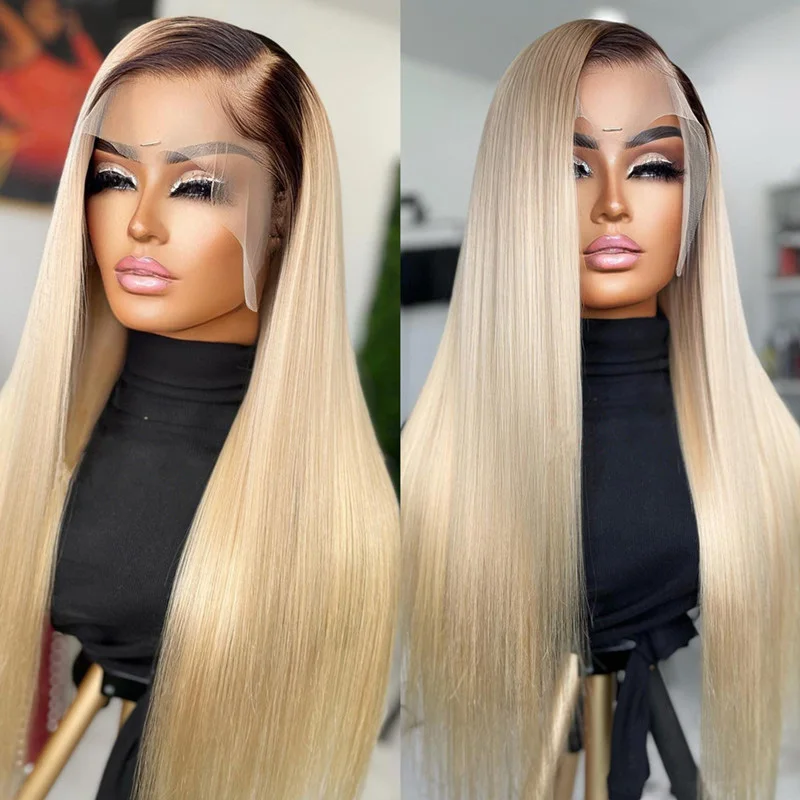 

Preplucked Soft 180%Density 26Inch Long Ombre Blonde Silky Straight Natural Hairline Glueless Lace Front Wig For Women Babyhair