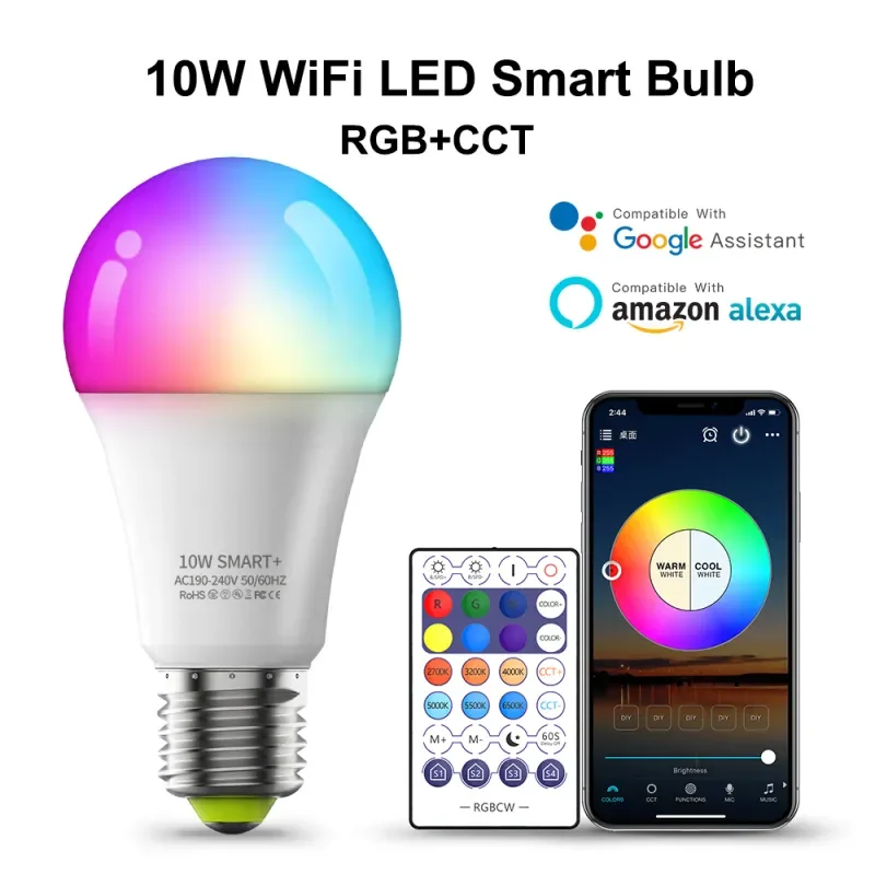 

Bright Remote Controlled Smart Bulb Light, 4 RGB Colorful Dimmable Lamp, Timer Function, Compatible with Wi-Fi, 2.4G