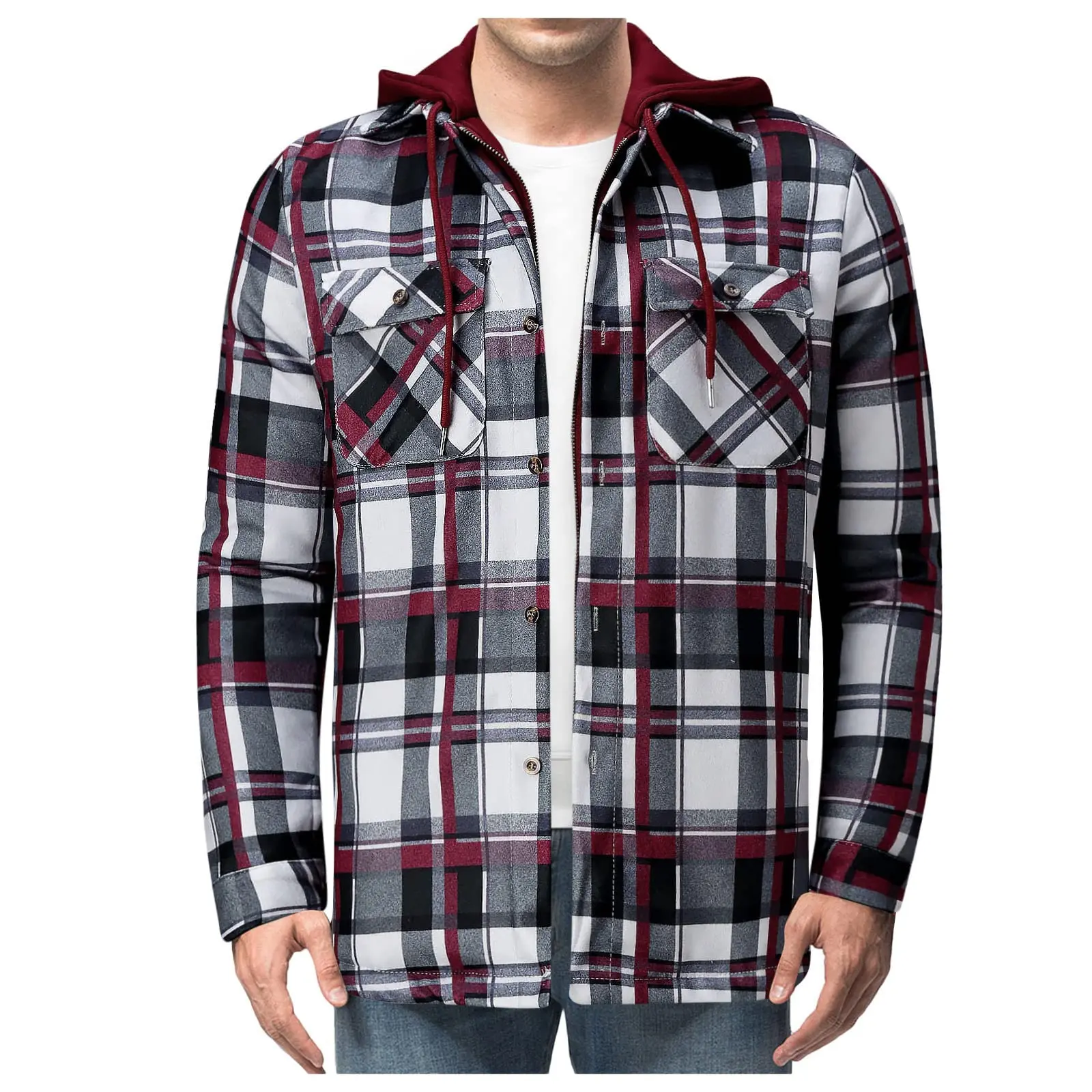 

HX Fashion Mens Jackets Plaid Striped Splicing Printed Winter Coats 2 In 1 Laminated Cotton Thicken Warm Zip Hoodie Men Clothing