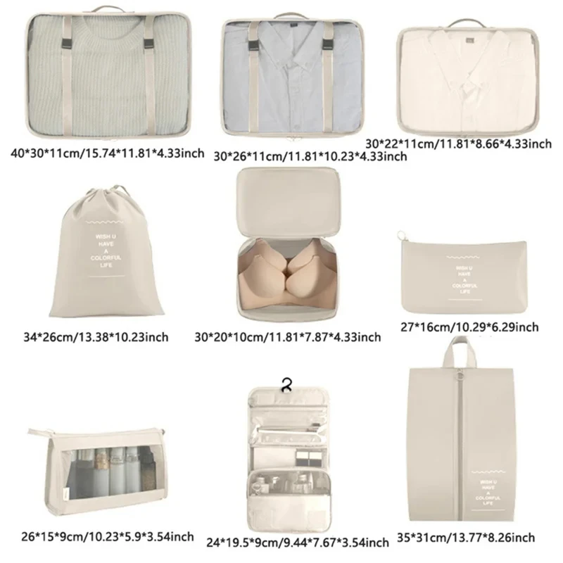 9Pcs Travel Organizer Storage Bags Suitcase Packing Cubes Portable Fold Wardrobe Luggage Clothes Shoe Pouch with Makeup bag 3