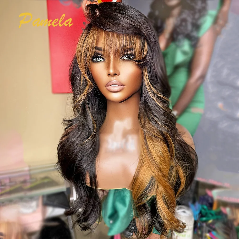 Honey Blonde Glueless Lace Wigs Ombre 1b/30 Body Wave 13x4 Transparent Lace Front Human Hair Wigs With Bangs Ready To Wear