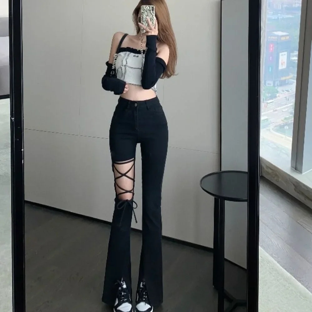 

With Pockets Black Pants for Woman Holes Flared Torn Trousers Bell Bottom Ripped High Waist Shot Flare Women's Jeans Aesthetic Z