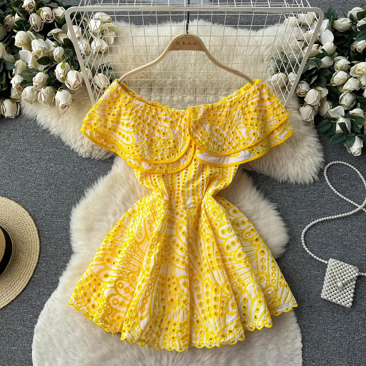 

Summer Clothes For Women Ruffle Cutwork Embroidery Dress 2023 Party Sexy Off Shoulder Dress Vacation Mini Beach Dress Sundress