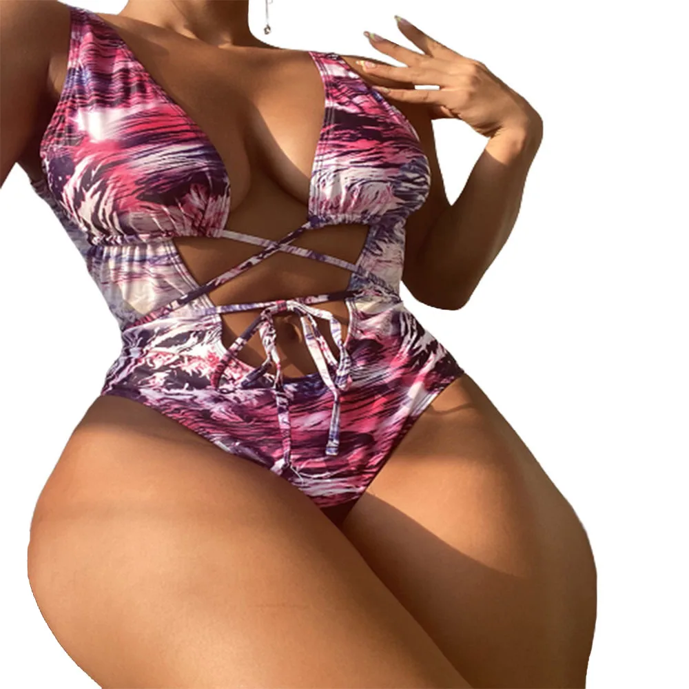 

FS Sexy Women Print Purple Monokini Hollow Out Tie Front Bikini Set Lady Cross Strap Backless Swimwear Swimsuit One Piece 2022