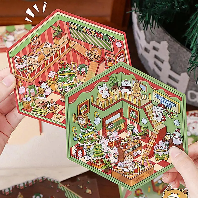 Christmas house stickers 3D miniature scene Cartoon Scene Stacking and Pasting Stickers Festival Birthday Gift for Child Student