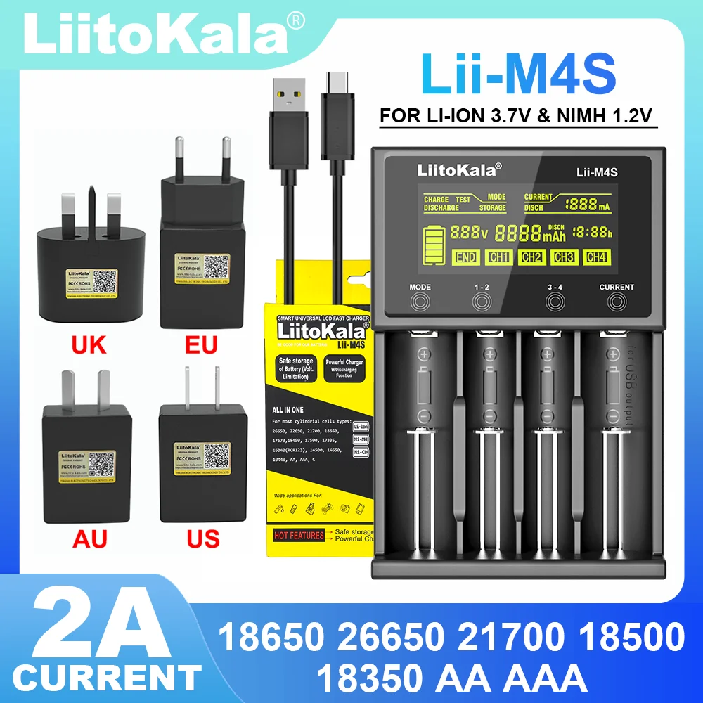 Battery Charger LiitoKala Lii-M4 Lii-M4S 5V EU AU UK US Plug For 3.7V 18650 26650 21700 14500 18350 17500 1.2V AA AAA A C