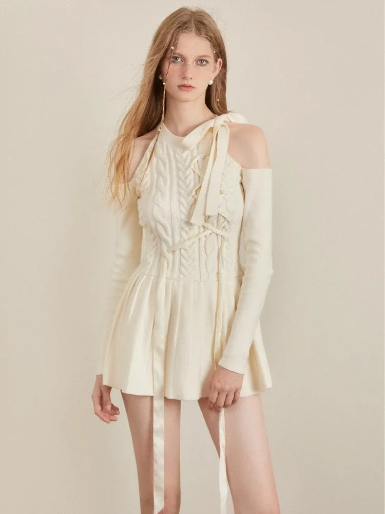 

QWEEK Coquette Knitted Off Shoulder Mini Dress Kawaii Cute Women Preppy Style Sweet 2024 Spring Knit Party Short Dresses