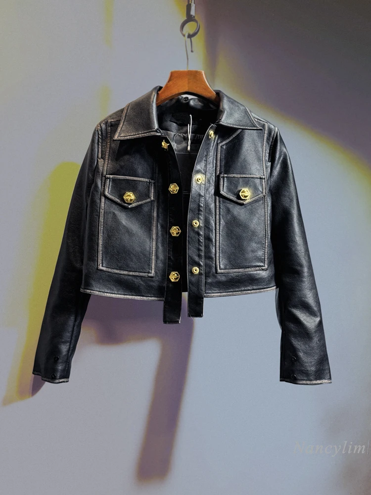 Temperament Black Leather Jacket Women 2023 Winter Real Fox Fur Down Liner Short High Waist PU Leather Coat Slim-Fitting Coats