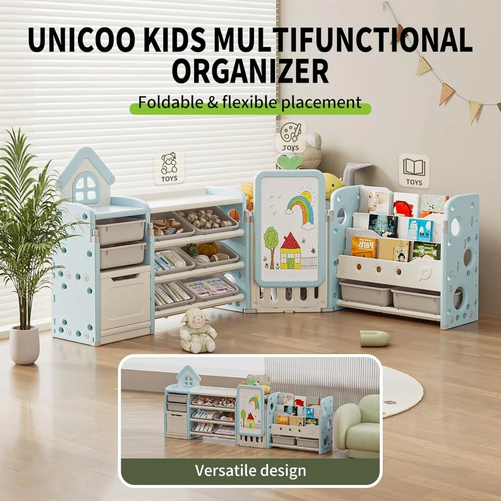 UNICOO Kids Multifunctional Toy Storage Organizer with 3-Tier Bookshelf, Storage Rack & Drawing Board, Flexible & Versatile L