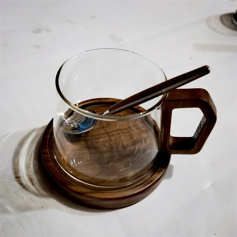 Borosilicate Glass Coffee Cup with Wooden Tray - ك...