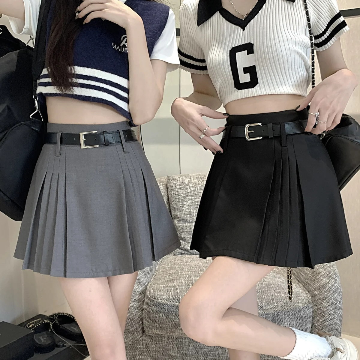 2024 Summer Minimalist Pleated Belt Half Skirt Spicy Girl Versatile Korean Version High Waisted Slimming A-line Skirt for Women