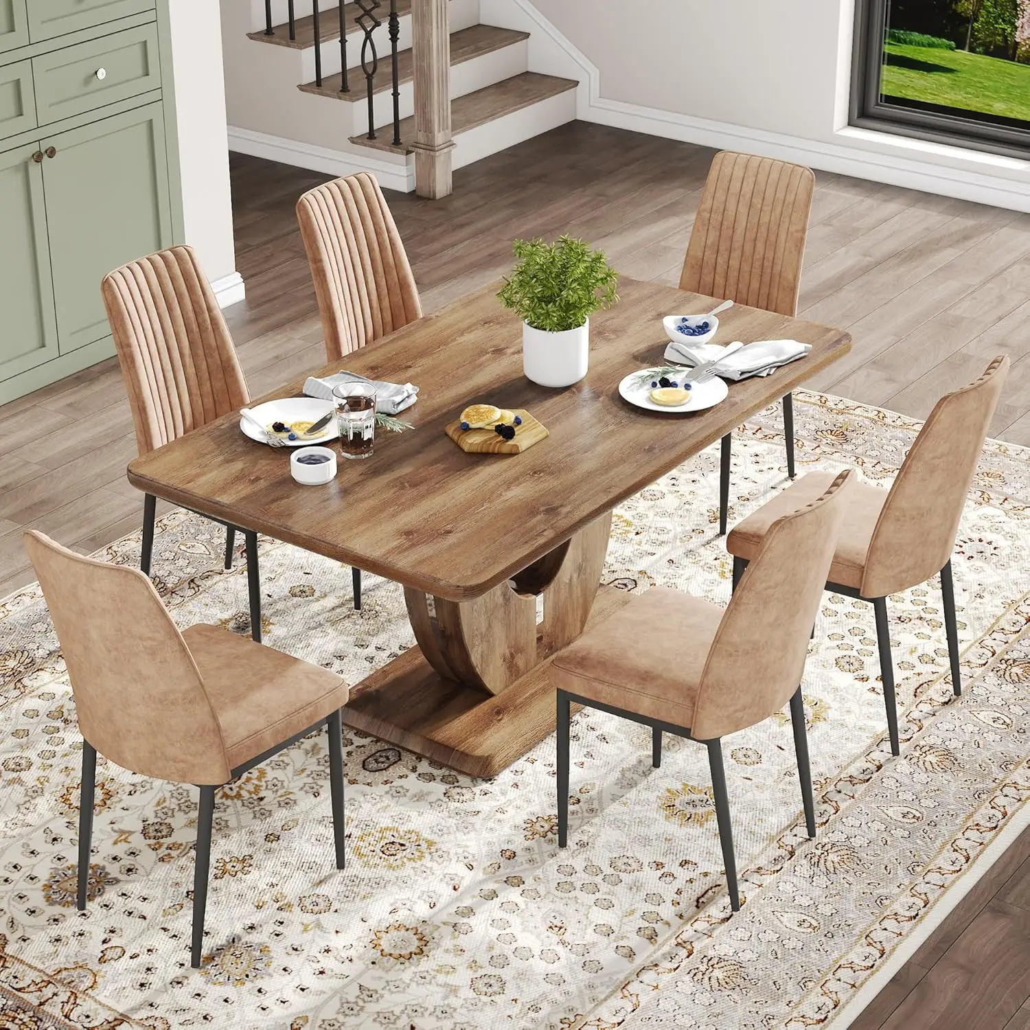 Table Set for 6, Kitchen Table Chairs Set of 6, Modern Dining Room Set with 63 inch Wood Dinner Table Leather Upholstered