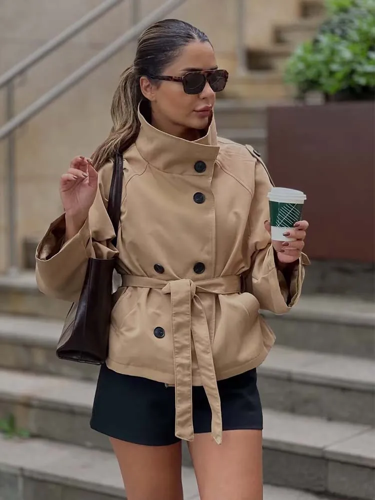 Fashion Belt Short Trench Coat Women Stand Collar Double Breasted Long Sleeve Jacket 2025 Autumn Lady Commute Chic Outerwear ﻿