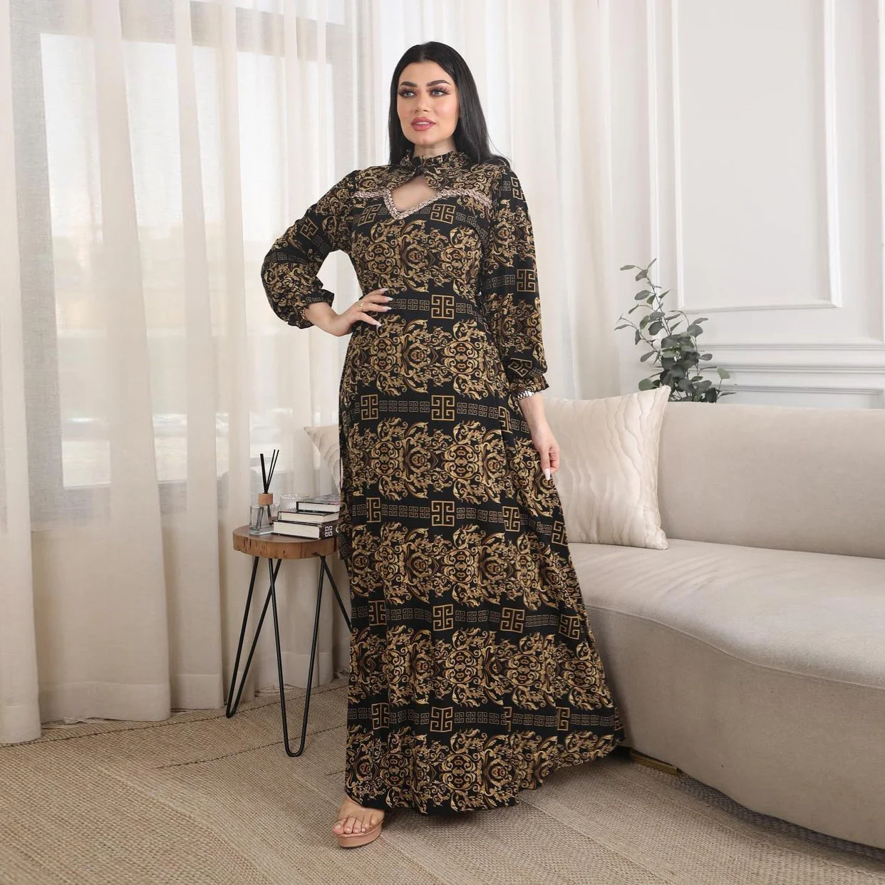 Muslim Dress Long Sleeves Print A-line Dress Dubai Arab Street Robe Diamond Arabic Turkey Home Furnishing Women Clothing