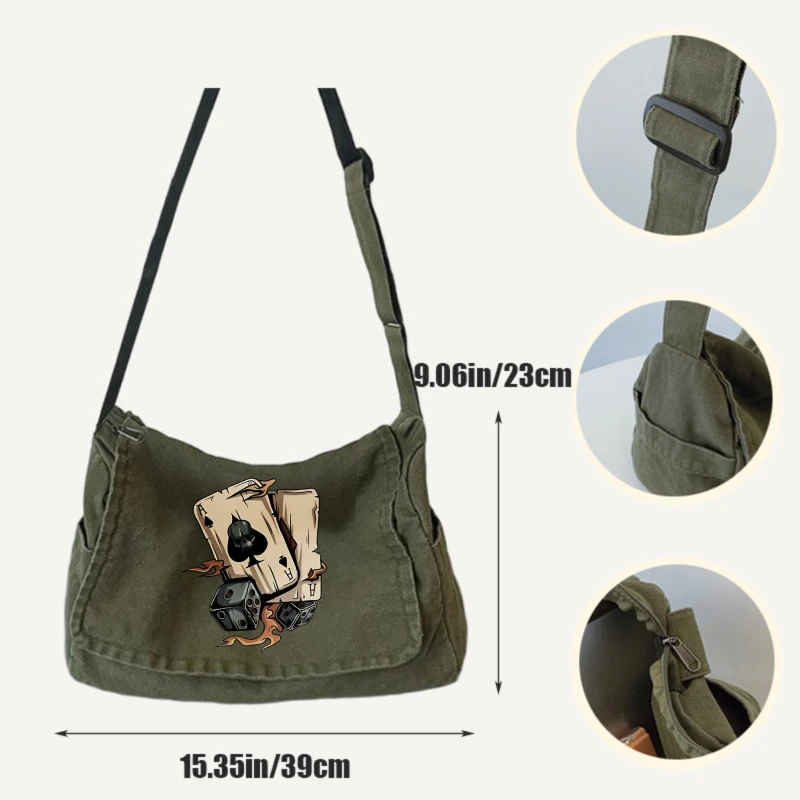 Vintage Men's Shoulder Bag Skull Card Print Large Capacity Crossbody Bag Canvas for Daily Messenger Bag